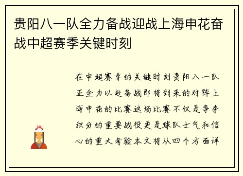 贵阳八一队全力备战迎战上海申花奋战中超赛季关键时刻