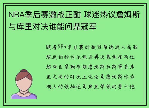 NBA季后赛激战正酣 球迷热议詹姆斯与库里对决谁能问鼎冠军