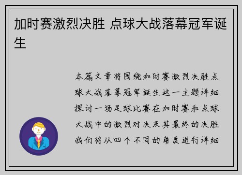 加时赛激烈决胜 点球大战落幕冠军诞生