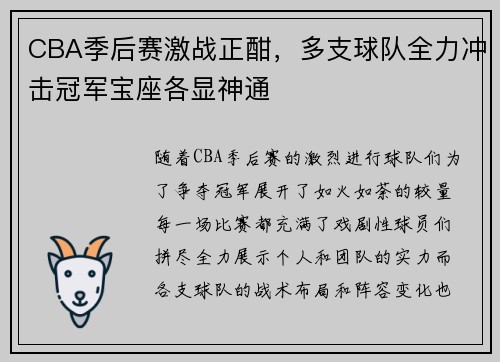 CBA季后赛激战正酣，多支球队全力冲击冠军宝座各显神通