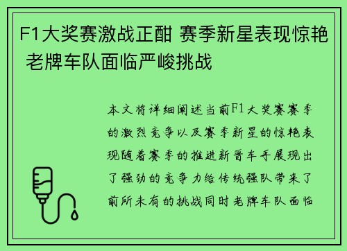 F1大奖赛激战正酣 赛季新星表现惊艳 老牌车队面临严峻挑战