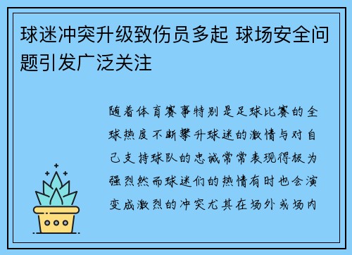 球迷冲突升级致伤员多起 球场安全问题引发广泛关注
